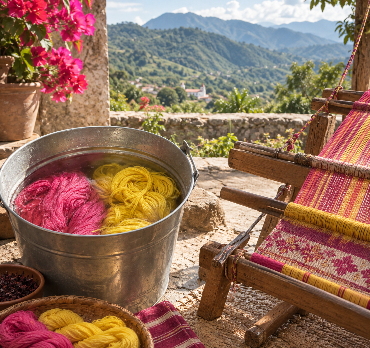 Hand-dyed yarn and backstrap loom overlooking the Chiapas highlands