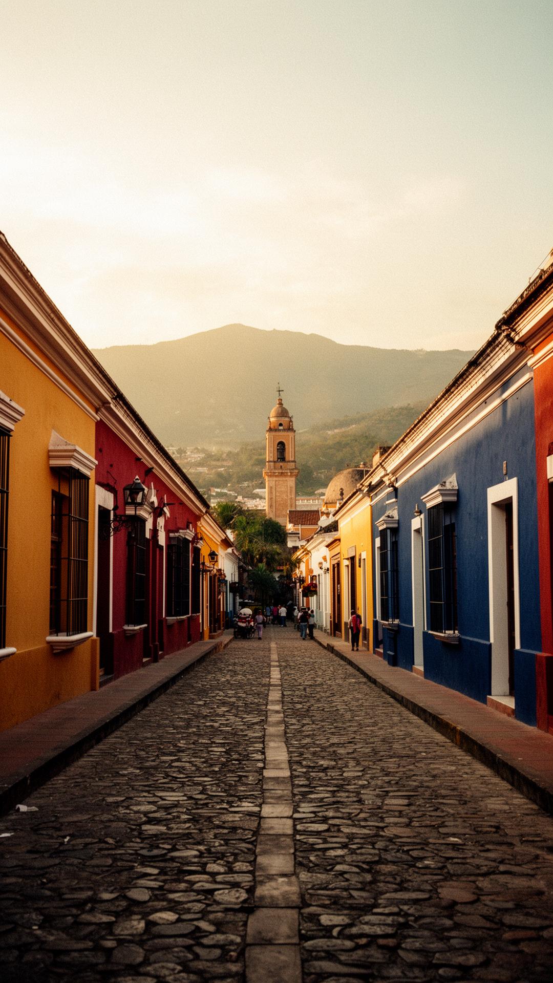 Cobblestone street in downtown San Cristóbal de las Casas at golden hour