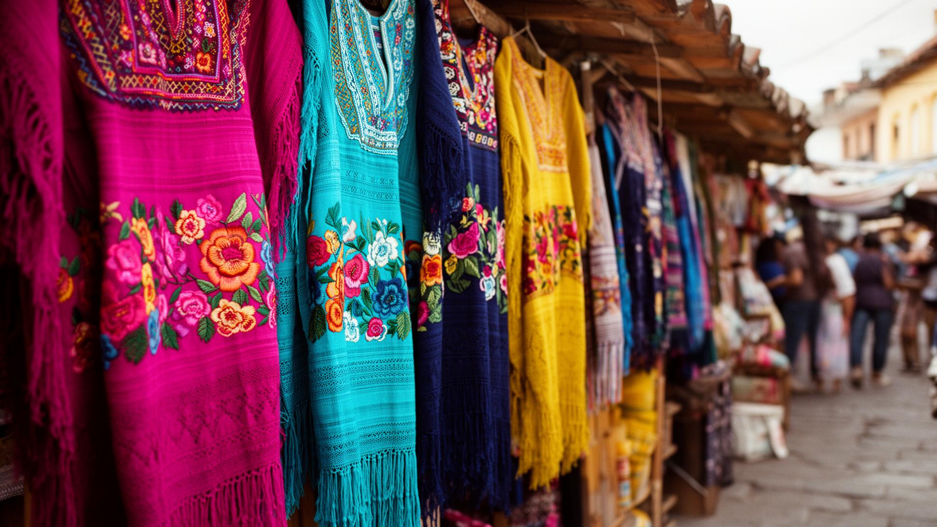 Hand-embroidered huipiles and rebozos hanging at a textile market in San Cristóbal de las Casas