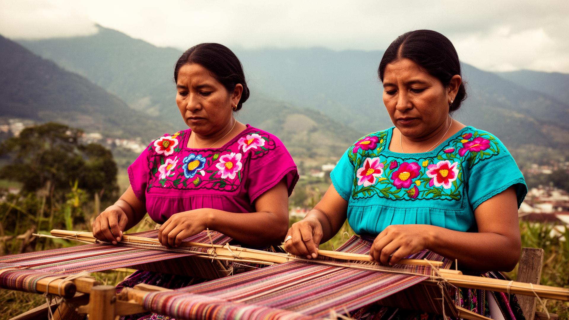 Two Tzotzil women weaving on backstrap looms in the highlands of Zinacantán
